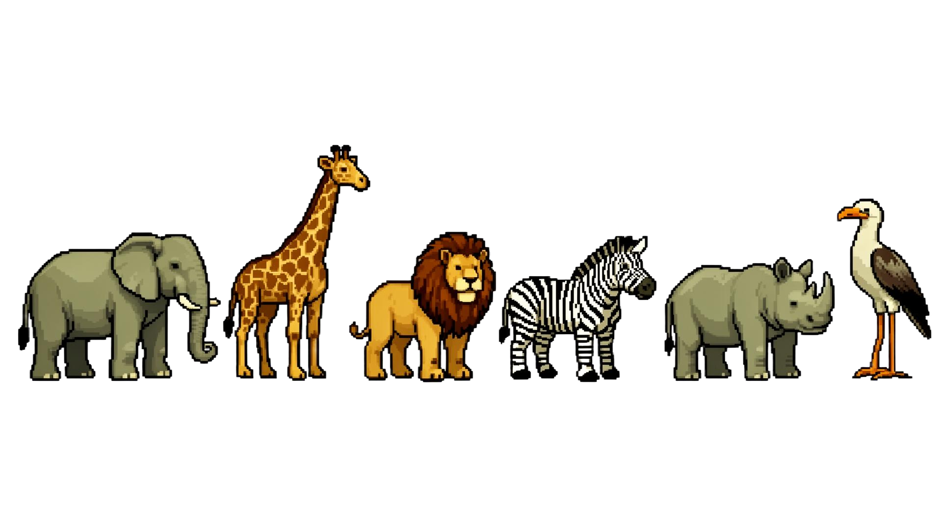 Pixel art of elephant, giraffe, lion, zebra, rhino, and secretary bird