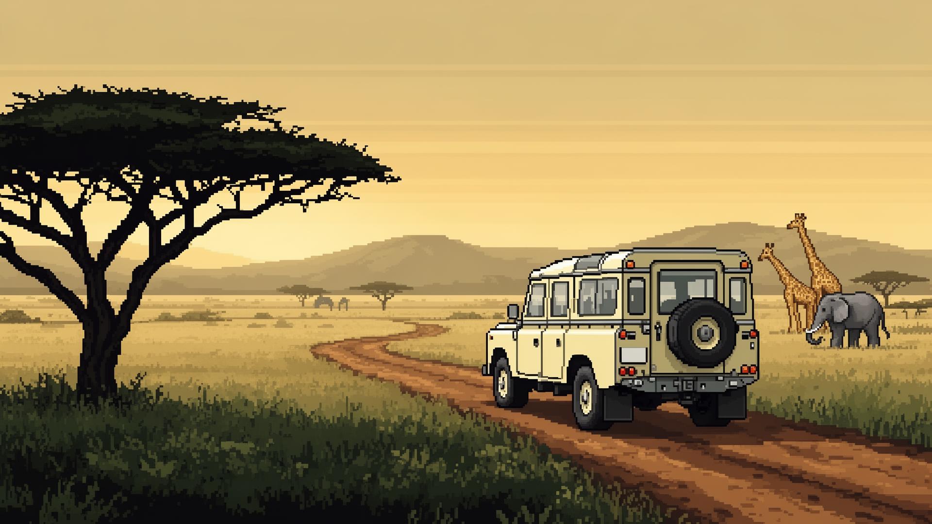 Pixel-art South African bush landscape at sunset